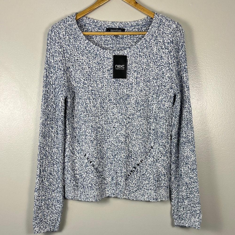 next blue‎ and white crew neck sweater with flattering front cutouts NWT